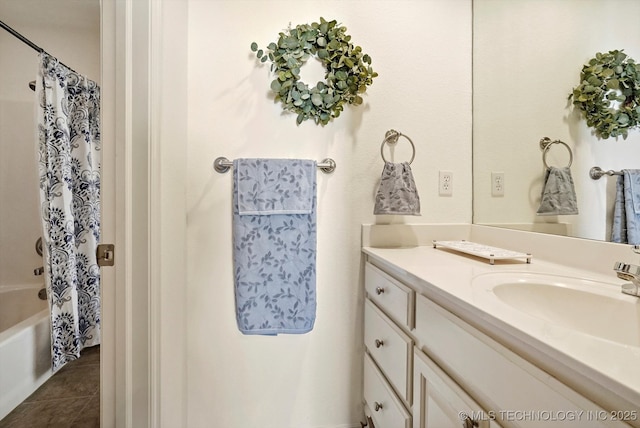 bathroom featuring vanity, tile patterned floors, and shower / bath combination with curtain