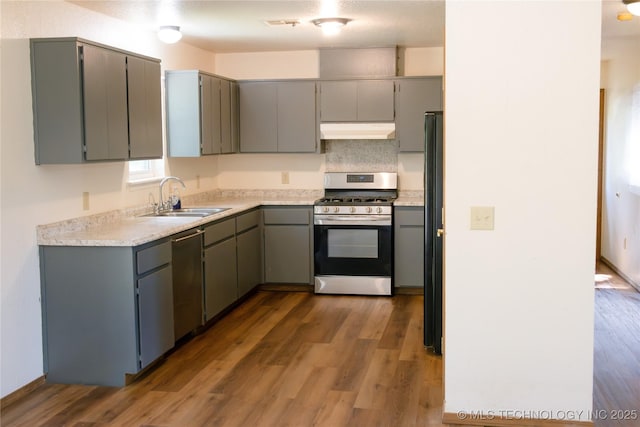 kitchen featuring wood finished floors, a sink, gray cabinetry, under cabinet range hood, and stainless steel appliances