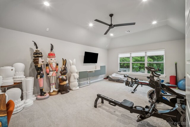 exercise area featuring carpet flooring, ceiling fan, lofted ceiling, recessed lighting, and baseboards