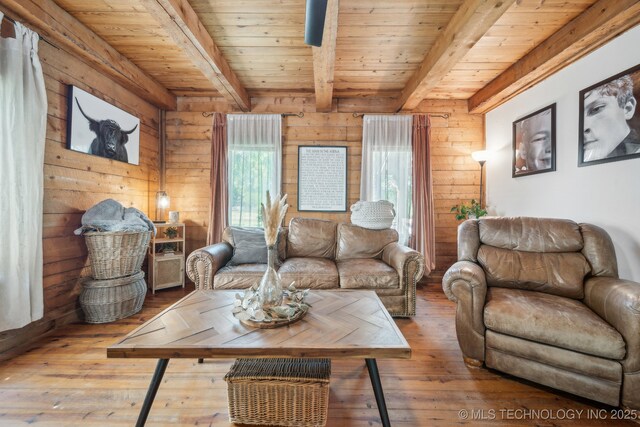 living area featuring wooden ceiling, wood walls, hardwood / wood-style floors, and beam ceiling
