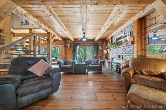 living area with wooden ceiling, ceiling fan, hardwood / wood-style flooring, and track lighting
