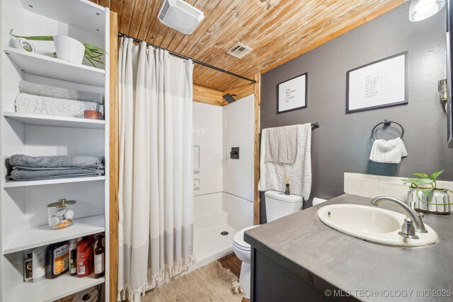 bathroom featuring wood ceiling, toilet, a shower stall, wood finished floors, and vanity