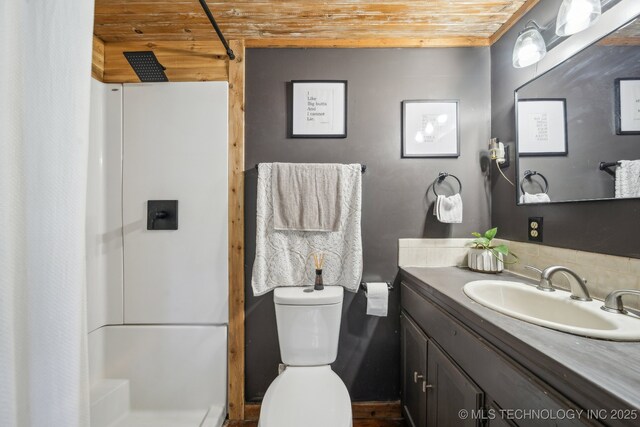 bathroom with wooden ceiling, a shower with shower curtain, vanity, and toilet