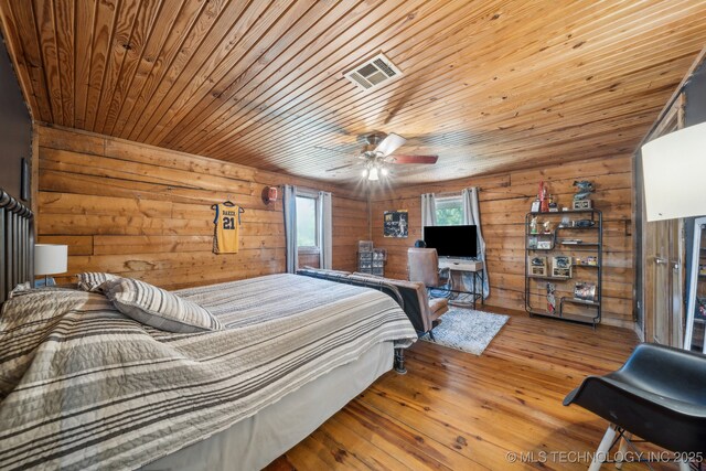 bedroom with wood ceiling, hardwood / wood-style flooring, and wood walls
