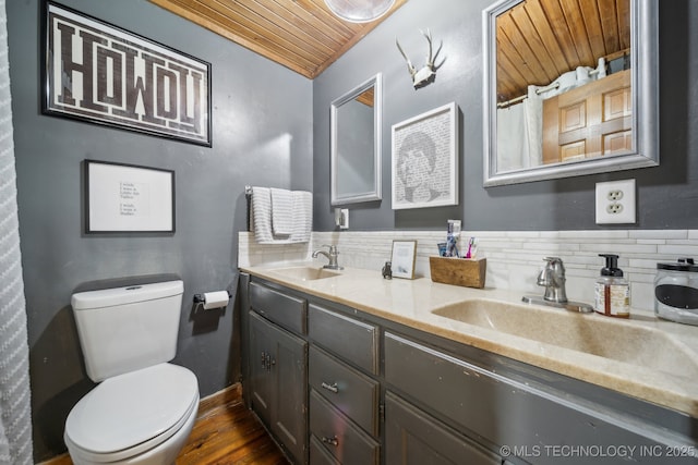 15955 Briar Rd, Morris, OK 74445 - full bathroom with wooden ceiling, double vanity, tasteful backsplash, toilet, and wood finished floors