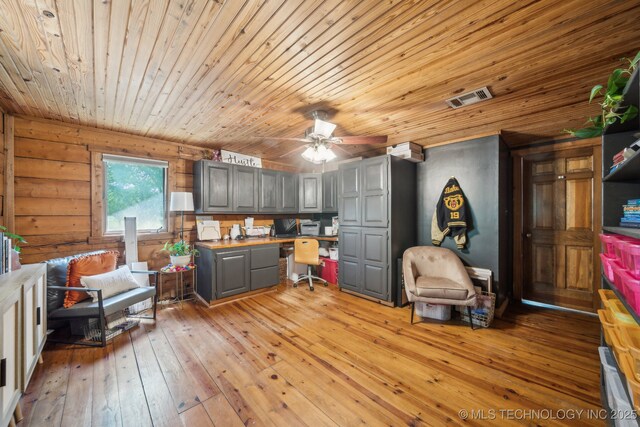 office with wooden ceiling, light wood finished floors, and a ceiling fan