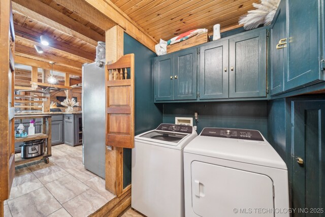 laundry area with cabinet space, separate washer and dryer, and wood ceiling