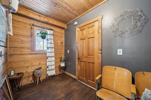 15955 Briar Rd, Morris, OK 74445 - entryway featuring hardwood / wood-style floors, wood ceiling, wooden walls, and baseboards