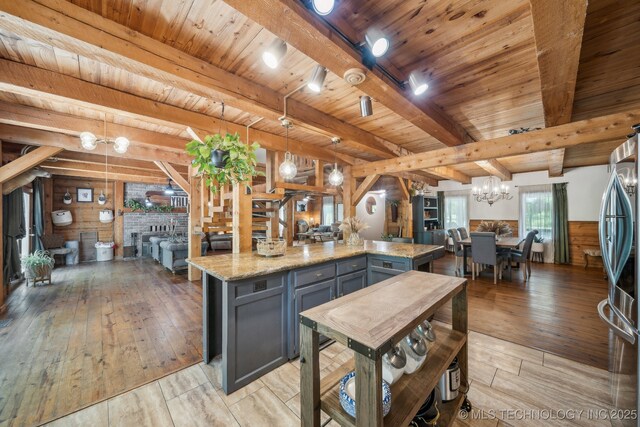 kitchen with light wood finished floors, a chandelier, gray cabinetry, stainless steel refrigerator, and wood ceiling