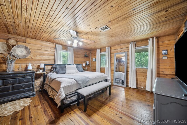 bedroom featuring wood ceiling, visible vents, wooden walls, and hardwood / wood-style flooring