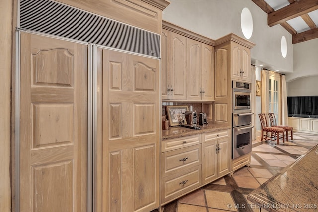 2119 E 30th Pl, Tulsa, OK 74114 - kitchen featuring light brown cabinets, paneled built in refrigerator, a warming drawer, beam ceiling, and oven