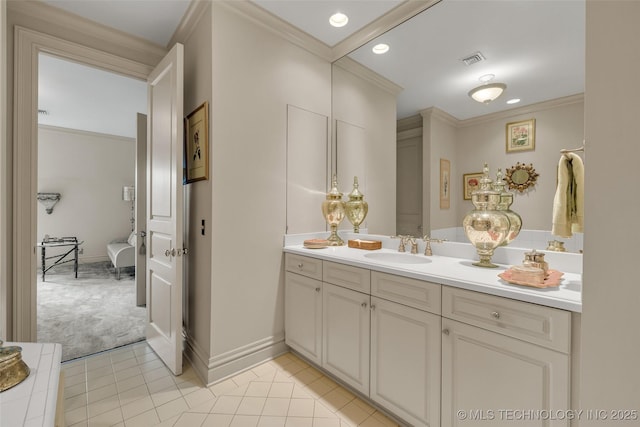 2119 E 30th Pl, Tulsa, OK 74114 - bathroom featuring ornamental molding, visible vents, vanity, and tile patterned flooring