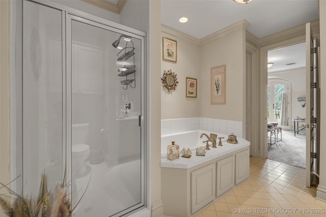 2119 E 30th Pl, Tulsa, OK 74114 - full bath featuring tile patterned floors, a shower stall, ornamental molding, and a bath