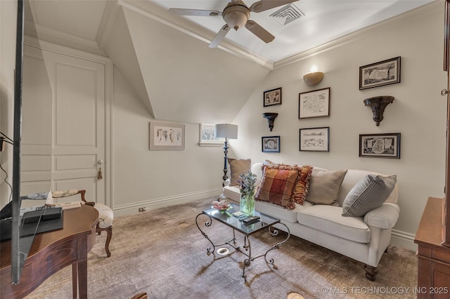 2119 E 30th Pl, Tulsa, OK 74114 - living room with lofted ceiling, visible vents, crown molding, a ceiling fan, and baseboards