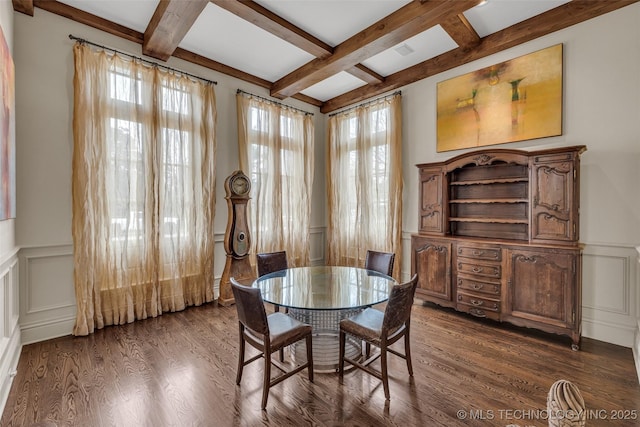 2119 E 30th Pl, Tulsa, OK 74114 - dining space featuring beamed ceiling, a healthy amount of sunlight, a decorative wall, and coffered ceiling