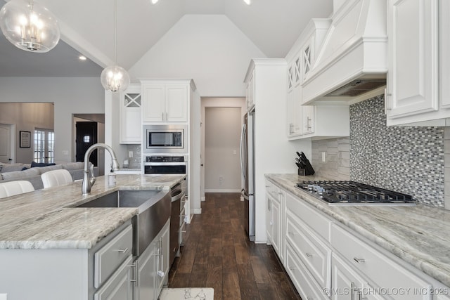 10431 S 232nd E Ave, Broken Arrow, OK 74014 - kitchen featuring premium range hood, stainless steel appliances, a sink, open floor plan, and light stone countertops