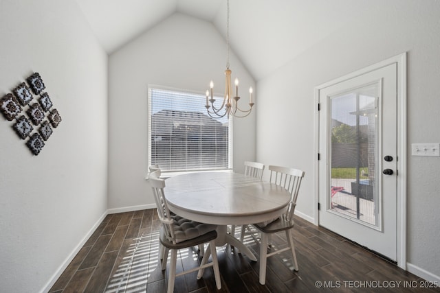 10431 S 232nd E Ave, Broken Arrow, OK 74014 - dining room with wood tiled floors, a chandelier, lofted ceiling, and baseboards
