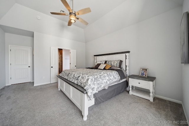 10431 S 232nd E Ave, Broken Arrow, OK 74014 - bedroom with light carpet, baseboards, a ceiling fan, and high vaulted ceiling