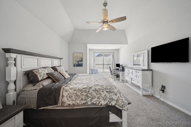 10431 S 232nd E Ave, Broken Arrow, OK 74014 - bedroom featuring light colored carpet, a desk, ceiling fan, baseboards, and vaulted ceiling
