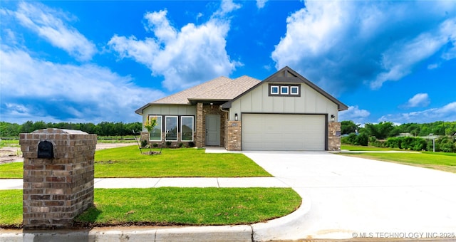 10914 S 272nd E Ave, Coweta, OK 74429 - view of front of house with board and batten siding, a garage, a front yard, driveway, and a shingled roof