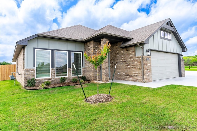10914 S 272nd E Ave, Coweta, OK 74429 - view of front of house with board and batten siding, driveway, an attached garage, a shingled roof, and brick siding