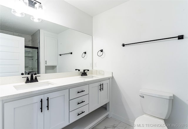 10914 S 272nd E Ave, Coweta, OK 74429 - full bathroom featuring marble look tiles, double vanity, and a shower with shower door