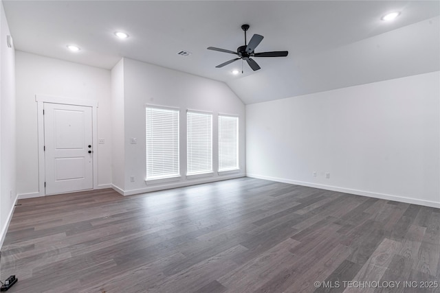 10914 S 272nd E Ave, Coweta, OK 74429 - unfurnished living room featuring lofted ceiling, ceiling fan, dark wood-style floors, and recessed lighting