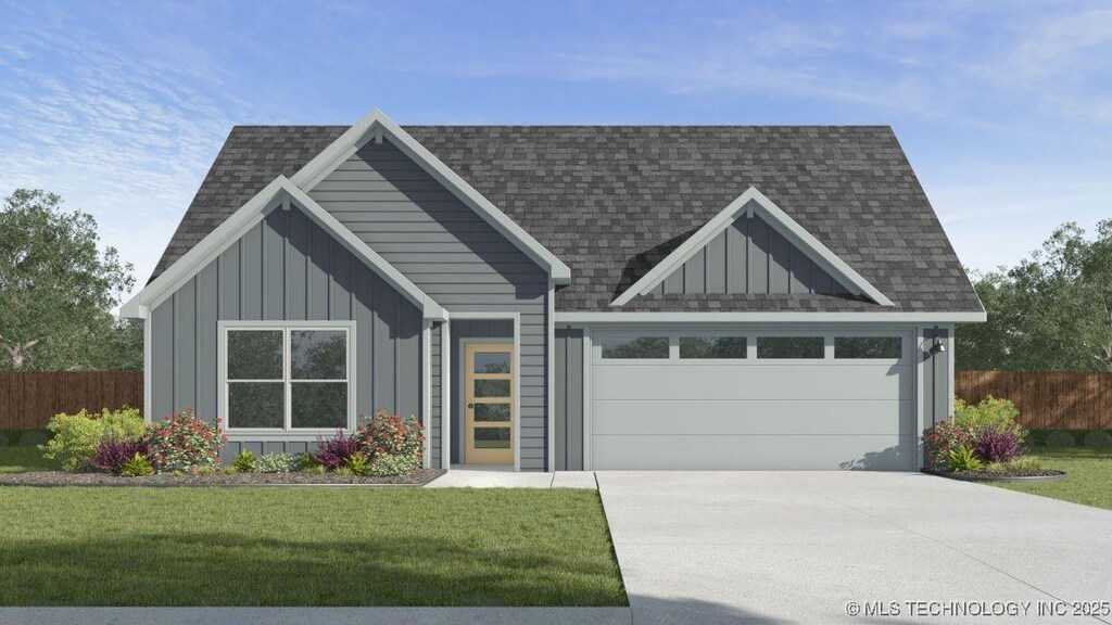 view of front facade with a shingled roof, board and batten siding, and fence