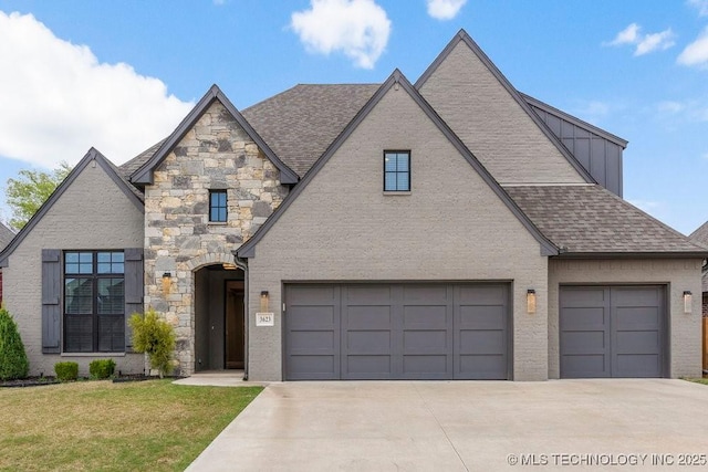 view of front facade with concrete driveway, stone siding, a front lawn, and a shingled roof