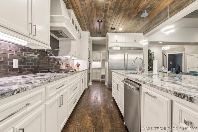 kitchen with wood ceiling, white cabinets, dark wood finished floors, appliances with stainless steel finishes, and custom range hood