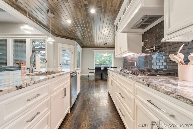 kitchen featuring a sink, stainless steel appliances, white cabinetry, dark wood-style floors, and wood ceiling