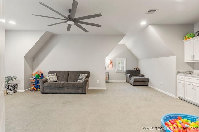 interior space with ceiling fan, light carpet, visible vents, and recessed lighting