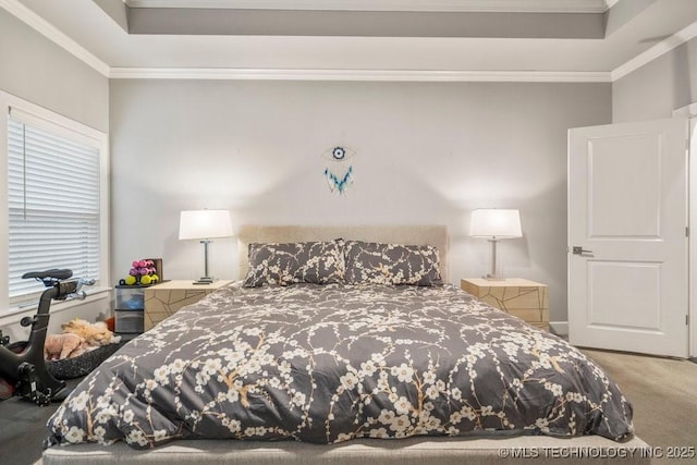 carpeted bedroom with a tray ceiling and crown molding