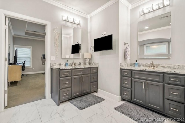 bathroom featuring a sink, marble finish floor, visible vents, crown molding, and two vanities
