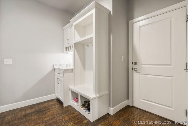mudroom with baseboards and dark wood-type flooring