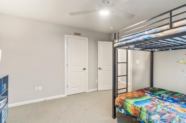 bedroom with baseboards, light carpet, and ceiling fan