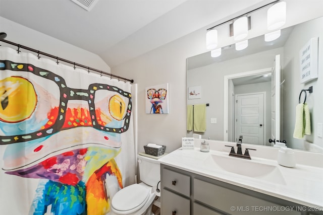 3494 E 155th St S, Bixby, OK 74008 - bathroom featuring vanity, toilet, lofted ceiling, and a shower with shower curtain