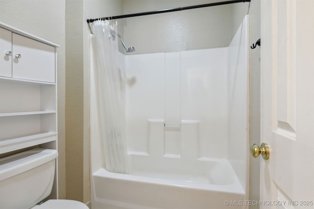 full bathroom with toilet, a textured wall, and shower / tub combo with curtain