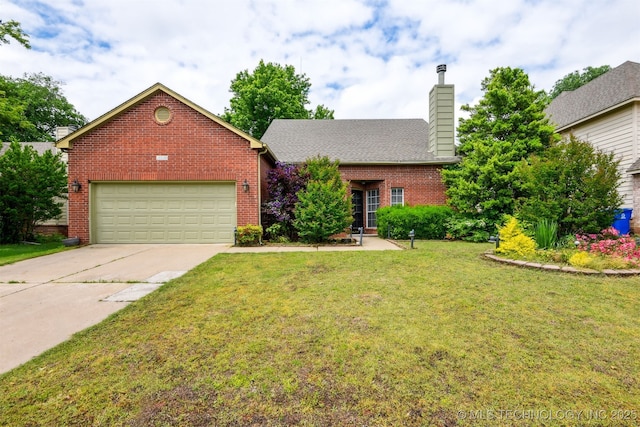 view of front of property with brick siding, driveway, a chimney, a front lawn, and an attached garage