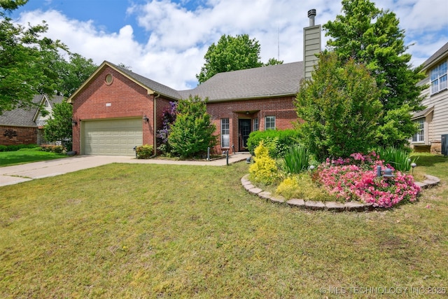 view of front of property featuring brick siding, an attached garage, a chimney, driveway, and a front yard