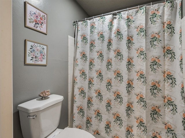 bathroom with toilet and a shower with curtain