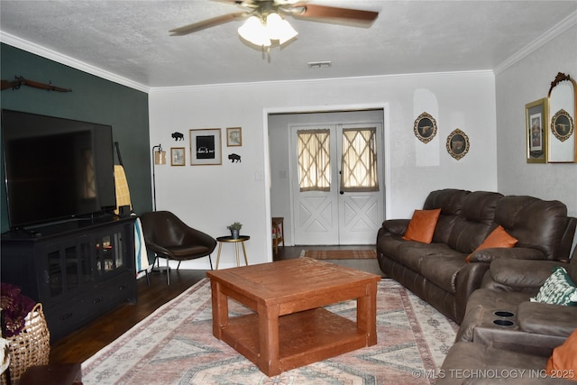 606 Rosewood Ct, Claremore, OK 74017 - living room featuring a ceiling fan, wood finished floors, crown molding, and french doors