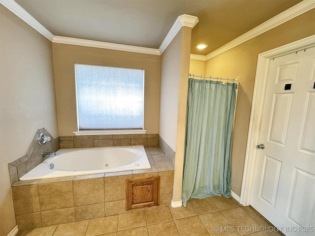 full bathroom featuring crown molding, a shower with shower curtain, a bath, and tile patterned floors