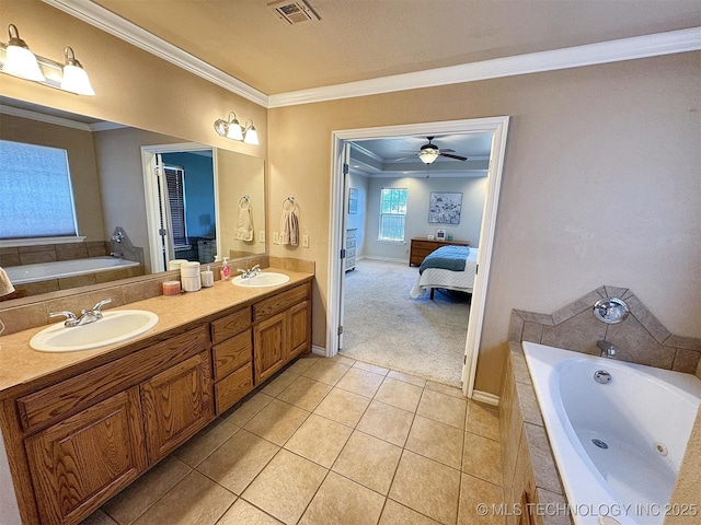 ensuite bathroom with a garden tub, connected bathroom, crown molding, and a sink