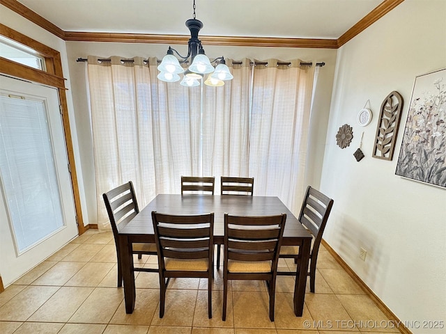 dining room featuring baseboards, a notable chandelier, crown molding, and light tile patterned flooring
