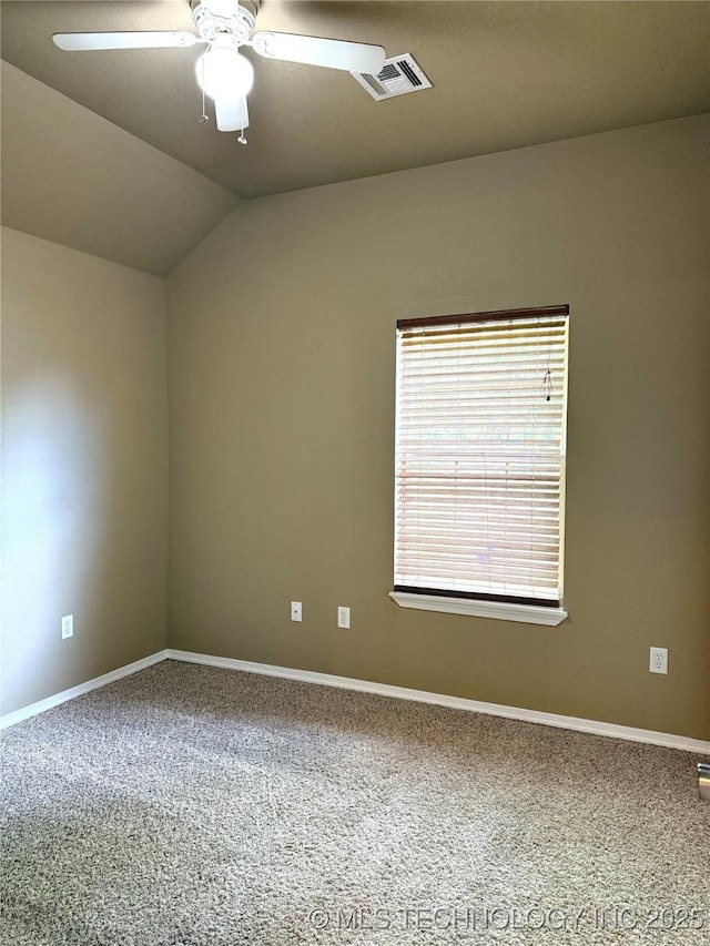 unfurnished room with carpet floors, ceiling fan, and baseboards