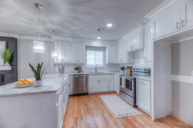 kitchen with a sink, a peninsula, stainless steel appliances, visible vents, and white cabinetry