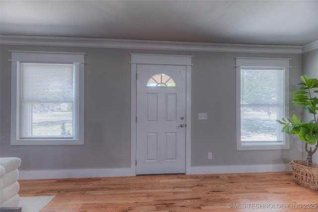 foyer with ornamental molding, a wealth of natural light, and wood finished floors