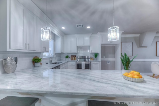 kitchen with electric range, a chandelier, visible vents, and a sink