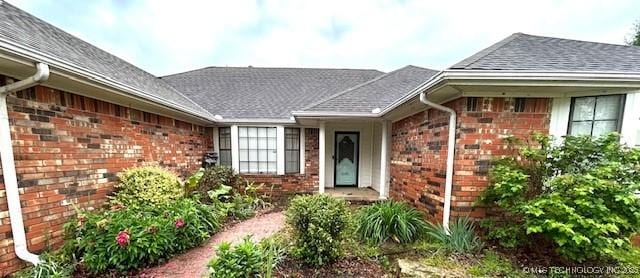 view of exterior entry featuring roof with shingles and brick siding